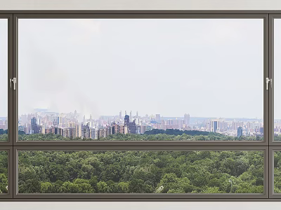 Large Casement Window With City Skyline And Green Forest View 3d model