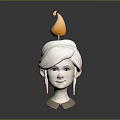 3D Female Head Character Model With White Hair And Lit Candle Flame On Top