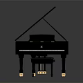 Elegant Black Grand Piano Musical Instrument With Matching Bench And Golden Accents On Reflective Surface