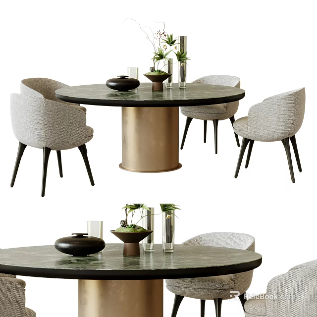 Elegant Round Dining Table Set With Upholstered Chairs Marble Top And Decorative Vases Bowls 3d model 