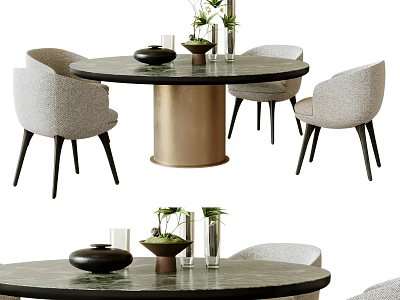 Elegant Round Dining Table Set With Upholstered Chairs Marble Top And Decorative Vases Bowls 3d model