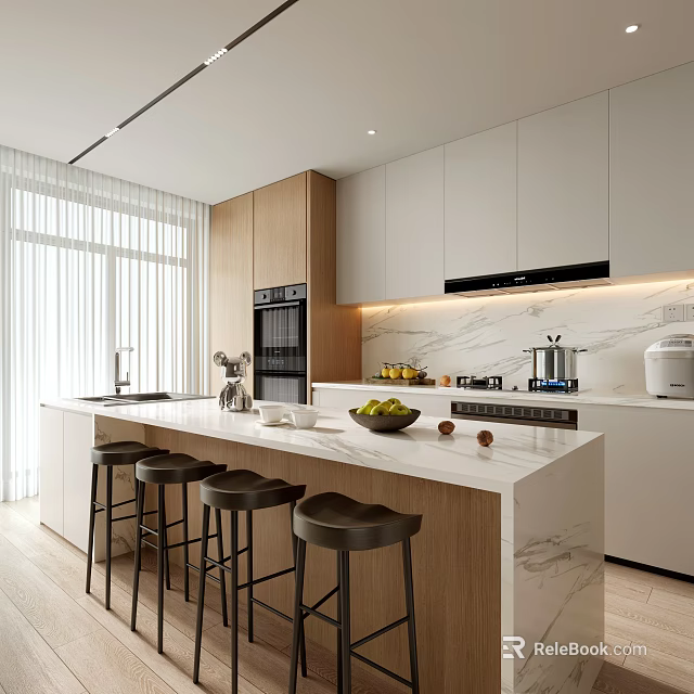 Modern Kitchen Interior With Marble Island Wood White Cabinets And Black Bar Stools 3d model 