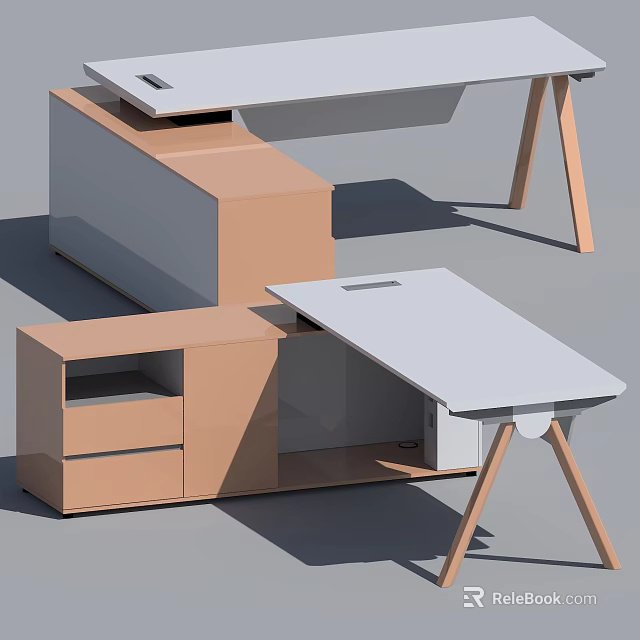 Modern Office Furniture With White Desk Light Brown Cabinets Wooden Legs And Drawers 3d model 