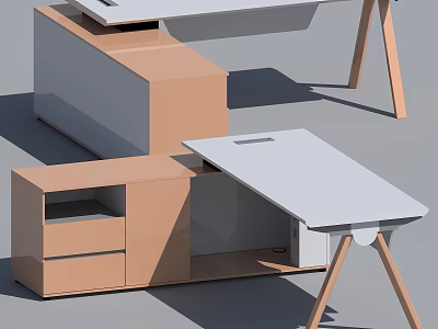 Modern Office Furniture With White Desk Light Brown Cabinets Wooden Legs And Drawers 3d model