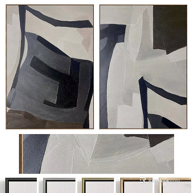 Modern Abstract Geometric Canvas Paintings With Black White Gray Brown Tones 3d model 
