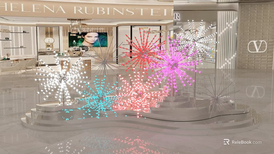 Colorful Star Shaped Light Art Installation In Elena Rubinstein Retail Space With Reflective Floor 3d model 