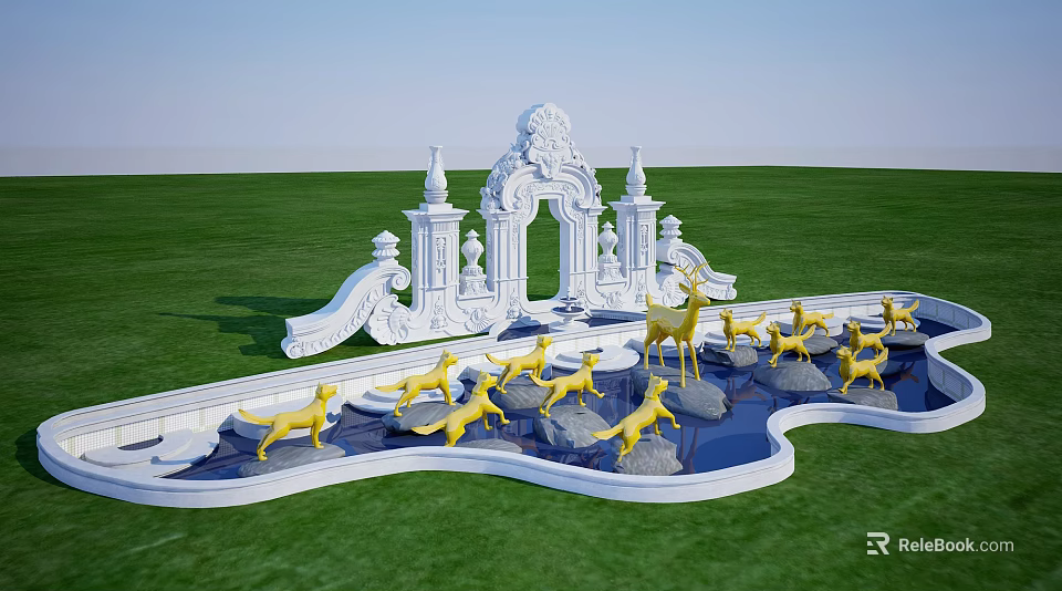 White Ornate Archway With Yellow Animal Statues In Water Pool On Green Lawn 3d model 