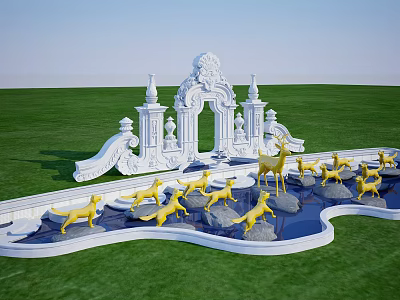 White Ornate Archway With Yellow Animal Statues In Water Pool On Green Lawn 3d model