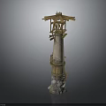 Traditional Architectural Tower with Wooden Roof Stone Base and Decorative Elements