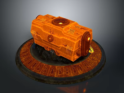 Orange Mechanical Device on Circular Base with Textured Surface Top Component and Front Illuminated Part 3d model