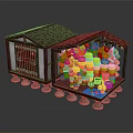 Wooden House Market Stall With Red Tile Roof Orange Fruits Yellow Stacks And Small Items