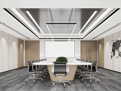 Modern Conference Room Interior With Conference Table Chairs Projector Screen And Potted Plant 3d model