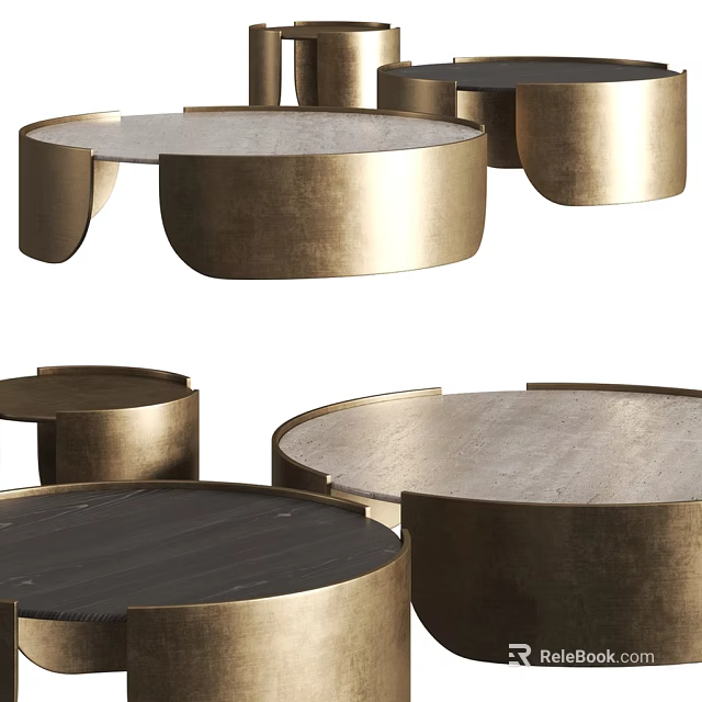 Modern Round Coffee Tables With Brass Frame And Black Wood Top Design 3d model 