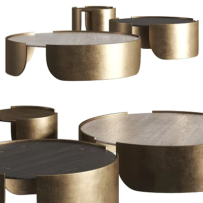 Modern Round Coffee Tables With Brass Frame And Black Wood Top Design 3d model