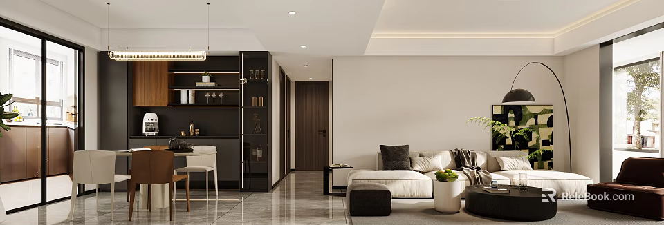 Modern Living And Dining Room Interior With Sofa Coffee Table Dining Table And Storage Cabinets 3d model