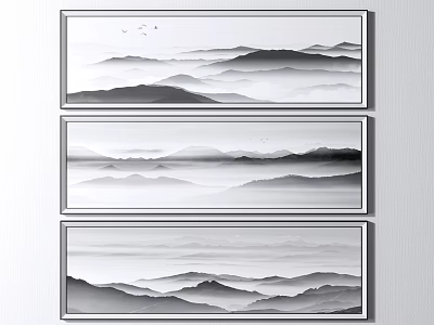 Three Panel Black White Gray Ink Wash Landscape Painting with Layered Mountains and Flying Birds 3d model