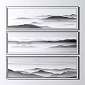 Three Panel Black White Gray Ink Wash Landscape Painting with Layered Mountains and Flying Birds