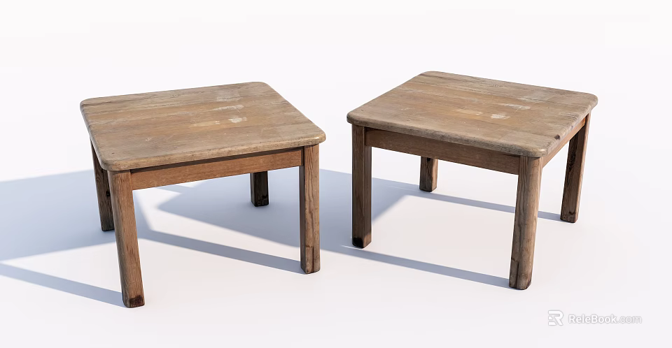 Two Light Brown Wooden Square Stools with Worn Surfaces and Simple Structure 3d model