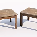 Two Light Brown Wooden Square Stools with Worn Surfaces and Simple Structure 3d model