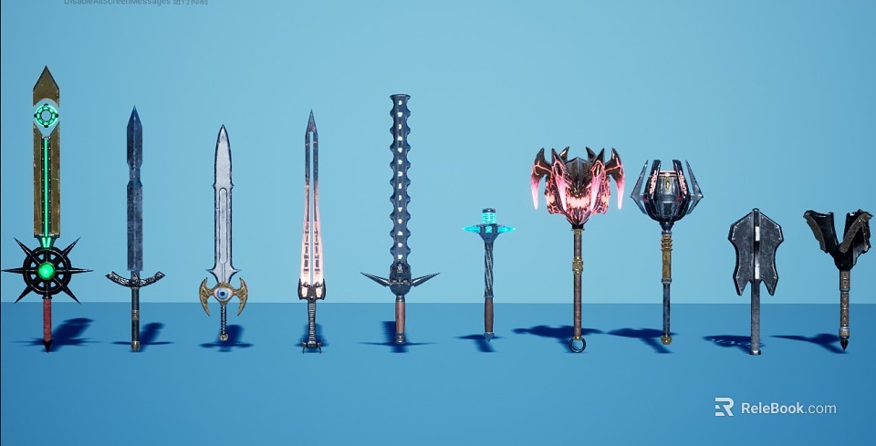 Collection Of Various Weapons Such As Swords Hammers Staffs With Unique Designs And Glowing Elements 3d model 
