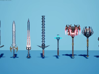 Collection Of Various Weapons Such As Swords Hammers Staffs With Unique Designs And Glowing Elements 3d model