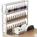 Modern Glossy Nail Bar Interior With Organized Nail Polish Display Shelf And Chairs Table