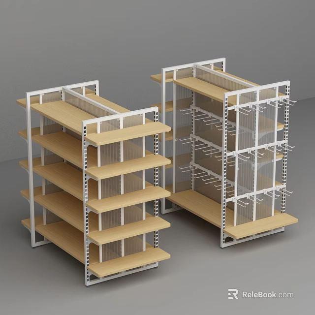 Convenience Store Practical Shelving Units With White Frame And Wooden Shelves 3d model 