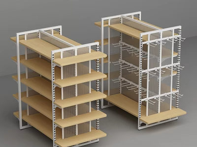 Convenience Store Practical Shelving Units With White Frame And Wooden Shelves 3d model
