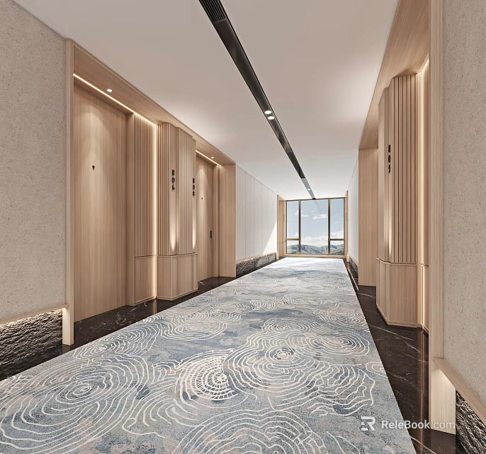 Modern Hotel Corridor Interior With Patterned Carpet Wooden Doors And Recessed Lighting 3d model 