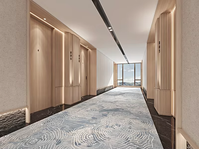 Modern Hotel Corridor Interior With Patterned Carpet Wooden Doors And Recessed Lighting 3d model