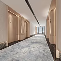 Modern Hotel Corridor Interior With Patterned Carpet Wooden Doors And Recessed Lighting