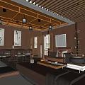Chinese Style Private Room With Wooden Ceiling Calligraphy Paintings And Traditional Furniture