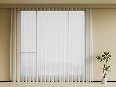 White Sheer Curtains For Indoor Window With Green Plant Decoration 3d model