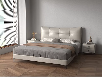 Modern Double Bed With Upholstered Headboard Gray Bedding And Wooden Parquet Floor 3d model