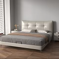 Modern Double Bed With Upholstered Headboard Gray Bedding And Wooden Parquet Floor