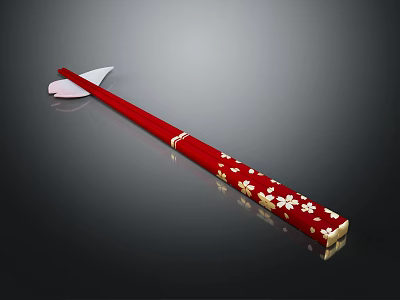 Red Tableware Set with Golden Cherry Blossom Patterns on Elegant Red Handle for Traditional Dining Use 3d model
