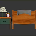 Wooden Bed With Green Quilt Gray Pillows Nightstand Lamp And Red Alarm Clock