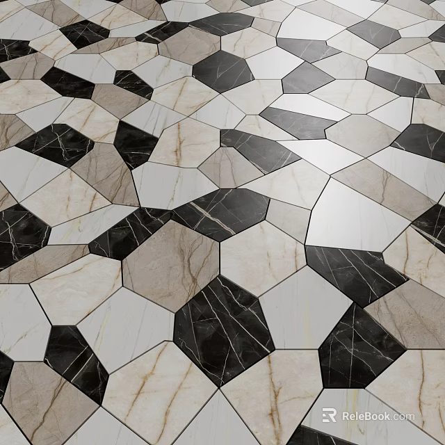 Geometric Hexagonal Tile Floor With Marble Texture And Multicolor Design 3d model 