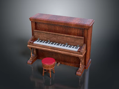Classic Upright Piano With Red Stool And Carved Wooden Legs Design 3d model