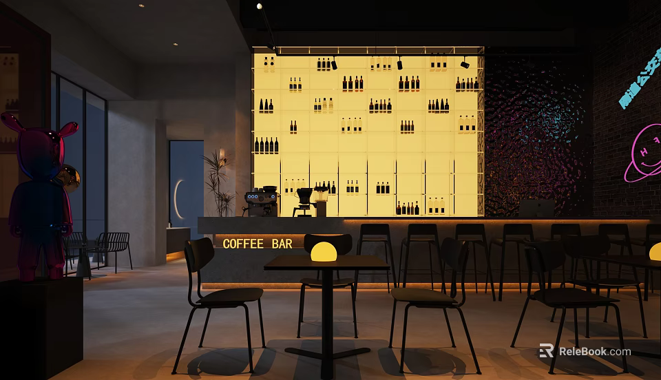 Modern Coffee Bar Interior With Bar Counter Tables Chairs And Wine Bottle Pattern Wall 3d model 