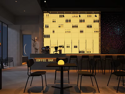 Modern Coffee Bar Interior With Bar Counter Tables Chairs And Wine Bottle Pattern Wall 3d model