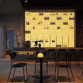 Modern Coffee Bar Interior With Bar Counter Tables Chairs And Wine Bottle Pattern Wall