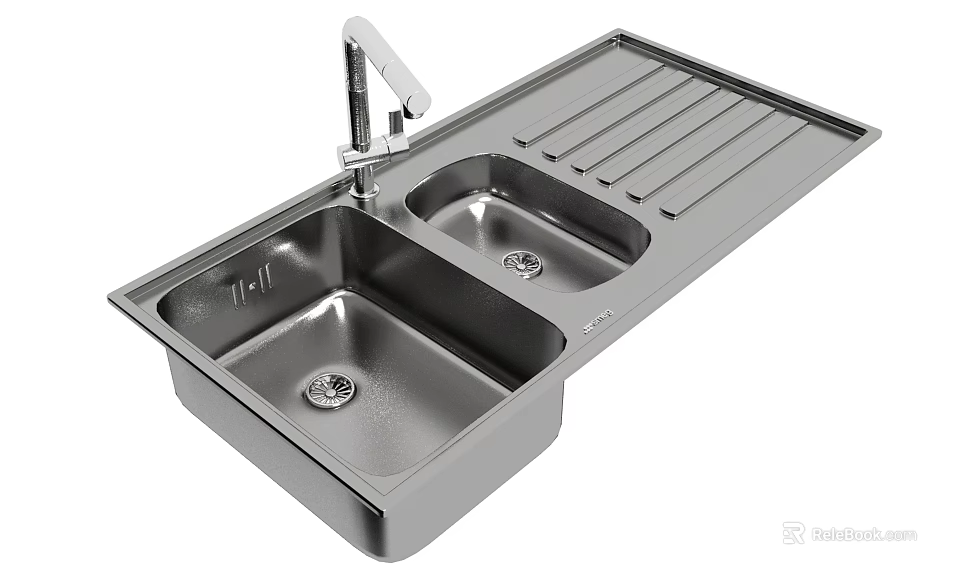 Modern Stainless Steel Double Bowl Kitchen Sink With Drainboard And Faucet 3d model 