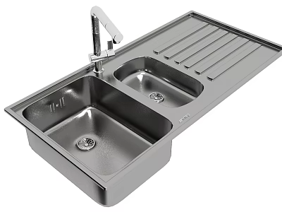 Modern Stainless Steel Double Bowl Kitchen Sink With Drainboard And Faucet 3d model