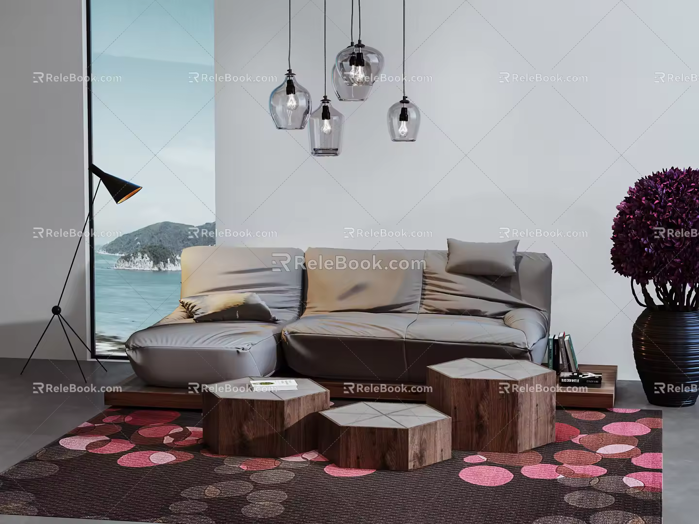 Modern Multiplayer Sofa Sofa Coffee Table Chandelier 3d model