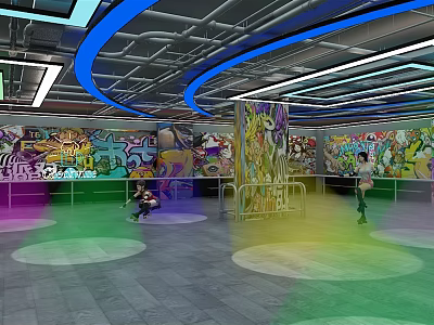 Modern Fitness Space With Graffiti Walls And Colored Floors For Workouts 3d model