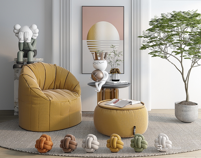 Yellow Curved Upholstered Accent Chair With Ottoman Side Table Green Plant In Modern Living Room 3d model 
