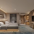 Modern Hotel Room Interior With King Bed Decorative Wall Seating Area And Patterned Rug