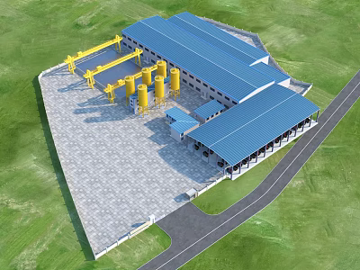 Industrial Factory Building With Blue Roof Yellow Storage Tanks Cranes And Green Grassy Area 3d model