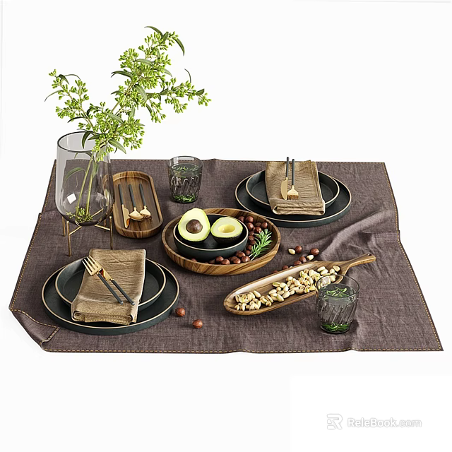 Elegant Dinnerware Set With Wooden Plates Avocado Nuts Glass Cups And Green Plants 3d model 